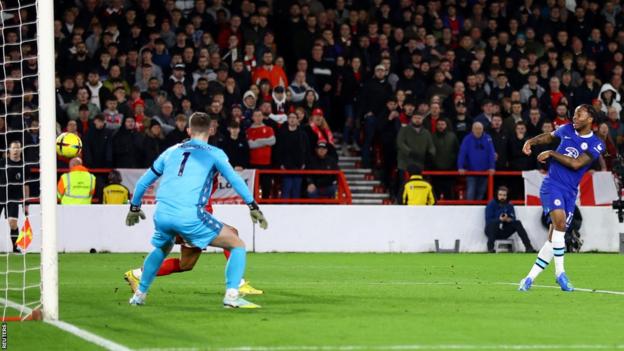 Raheem Sterling (right) volleys Chelsea's opening goal against Nottingham Forest in the Premier League