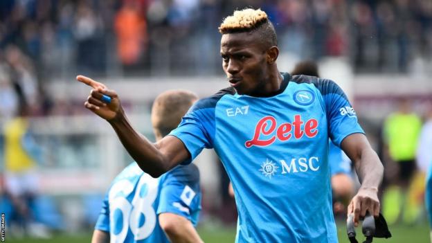 Victor Osimhen celebrates scoring for Napoli in their 4-0 win in Turin
