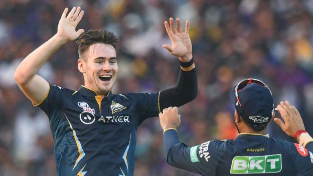 Celebration time for Josh Little after taking the wicket of Kolkata Knight Riders' Nitish Rana in the IPL