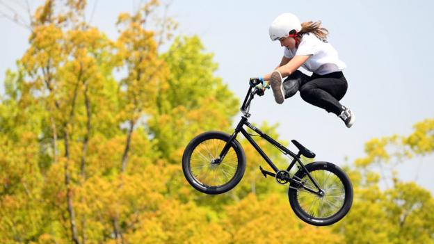 HIROSHIMA, JAPAN - APRIL 21: Lara Lessmann of Germany competes in the UCI BMX Freestyle Park World Cup on day three of the FISE Hiroshima at former Hiroshima Municipal Stadium on April 21, 2019 in Hiroshima, Japan. (Photo by Atsushi Tomura/Getty Images)