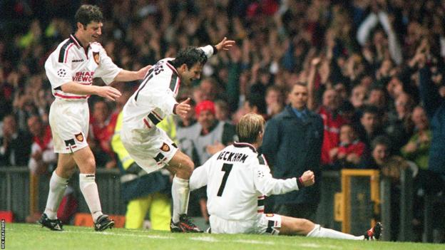 David Beckham celebrates scoring a free-kick against Barcelona at Old Trafford