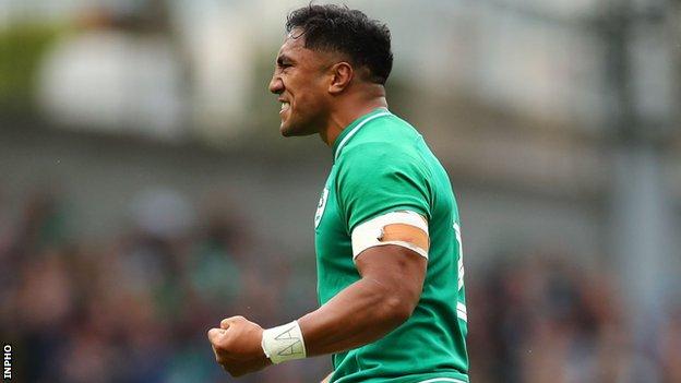 Bundee Aki celebrates after Ireland's victory over Wales earlier this month