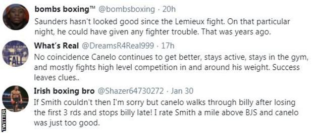 Boxing fans on Twitter say that Canelo will beat Saunders, with one fan saying the Mexican will win via late-stoppage