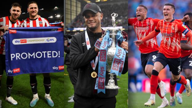 Sheffield United duo George Baldock and Billy Sharp hold up a 'promoted!' banner, Burnley boss Vincent Kompany with the Championship trophy and Daniel Potts and Carlton Morris of Luton celebrate