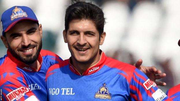 Mir Hamza celebrates taking a wicket for Karachi Kings