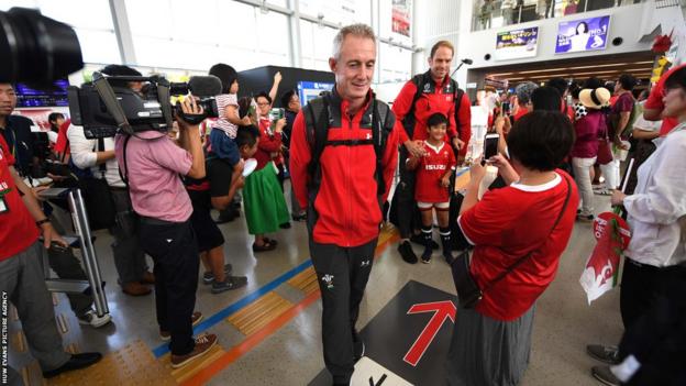 Rob Howley arrives in Japan with the Wales squad for the 2019 World Cup