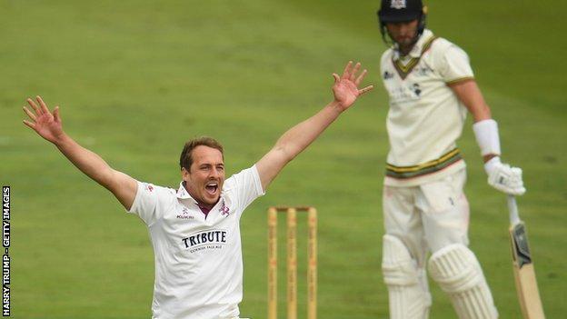 Somerset fast bowler Josh Davey has so far taken 5-28 in the match against Gloucestershire at Taunton