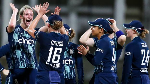 Lauren Bell celebrating a wicket v West Indies