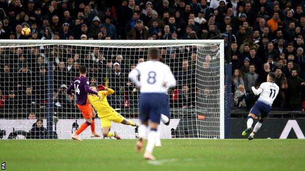 Tottenham's Erik Lamela shoots over the bar against Manchester City