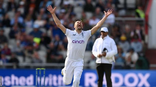 Mark Wood throws his hands in the air after dismissing Australia batter Steve Smith