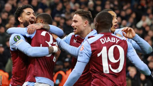 Aston Villa players celebrate goal against Ajax in the Europa Conference League