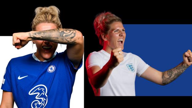 A composite of Millie Bright showing off her tattoos