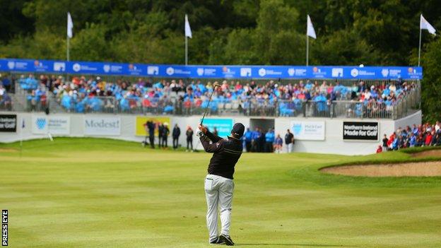 Last year's Northern Ireland Open winner Ryan Fox plays his final approach shot to the 18th green at Galgorm Castle