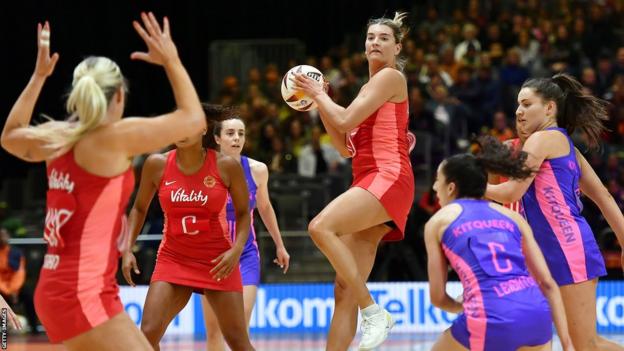 Fran Williams playing for England at Netball World Cup