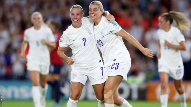 Beth Mead and Alessia Russo celebrate during Euro 2022