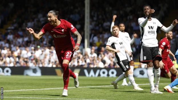 Darwin Nunez celebrates scoring for Liverpool against Fulham in the Premier League