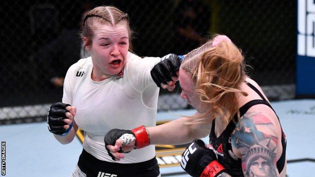 Cory McKenna strikes Kay Hansen in their fight at UFC Vegas 14