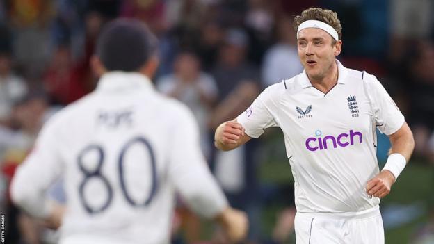 England bowler Stuart Broad celebrates the wicket of New Zealand's Kane Williamson