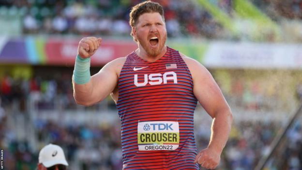 Ryan Crouser celebrates after winning world shot put gold