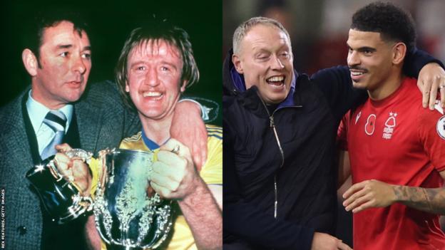 Split picture of former Nottingham Forest boss Brian Clough and Kenny Burns with the League Cup, and current Reds boss Steve Cooper with Morgan Gibbs-White