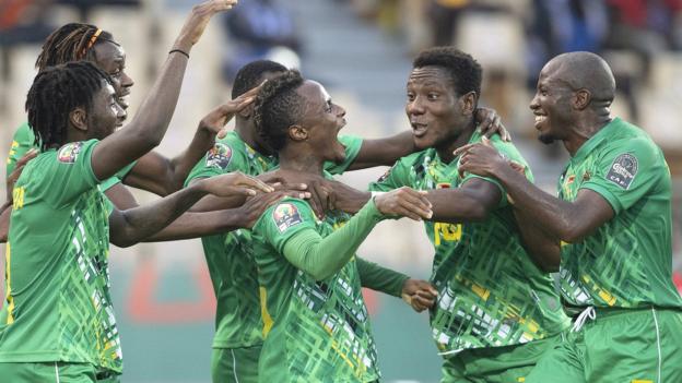 Zimbabwe's football team celebrates a goal in 2022