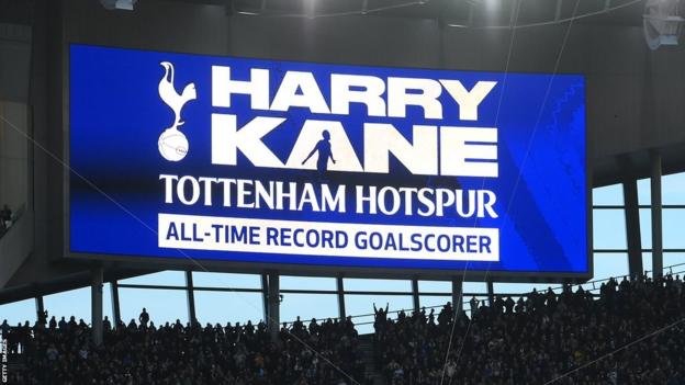 A message on the scoreboard at Tottenham Hotspur Stadium congratulating Harry Kane on becoming the club's all-time record scorer