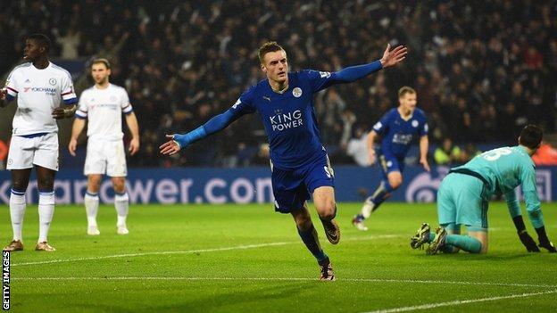 Leicester's Jamie Vardy celebrates scoring against last season's champions