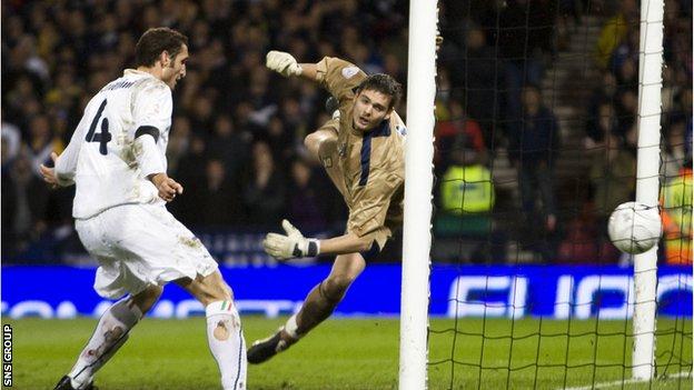 Craig Gordon is helpless as Christian Panucci scores for Italy against Scotland at Hampden