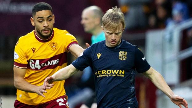 Dundee's Lyall Cameron and Brodie Spencer in action during a cinch Premiership match between Motherwell and Dundee at Fir Park