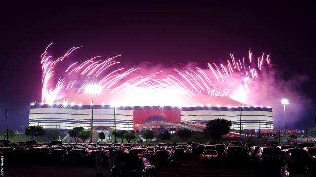 Fireworks go off around Al-Bayt Stadium