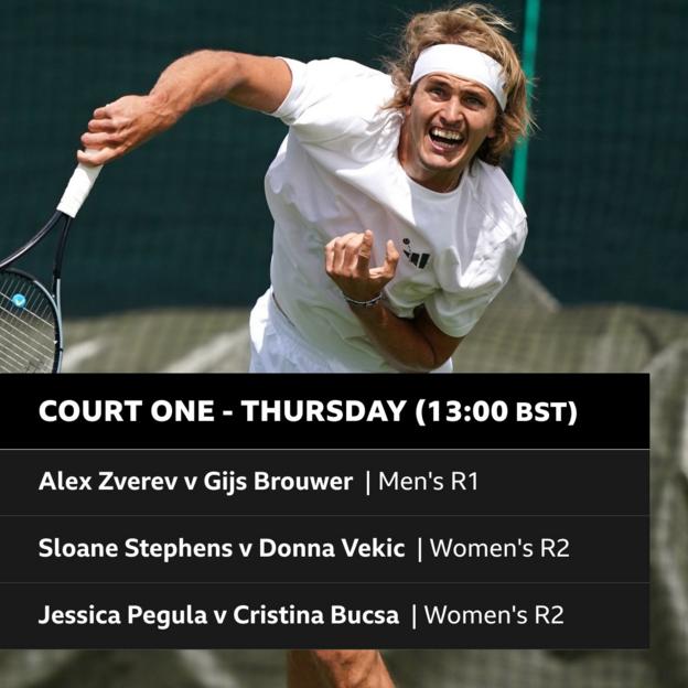 Court One Thursday schedule - Alexander Zverev v Gijs Brouwer; Sloane Stephens v Donna Vekic; Jessica Pegula v Cristina v Bucsa