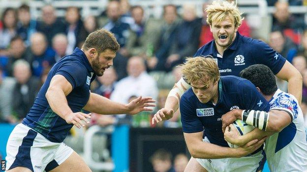 Scotland players Ross Ford, Jonny Gray and Richie Gray in action against Samoa