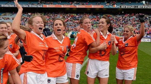 Marian McGuinness celebrates with Armagh team-mates after their 2012 All-Ireland Intermediate Final win over Waterford