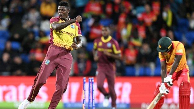 Alzarri Joseph celebrating the wicket of Tony Munyonga