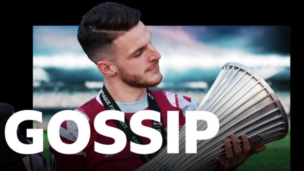 Declan Rice frente al gráfico de chismes de BBC Sport