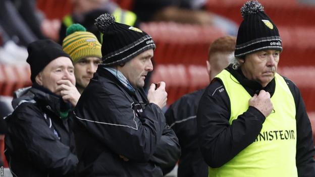 Paddy Bradley and Paddy Carr watch Donegal's Dr McKenna Cup game against Down in January