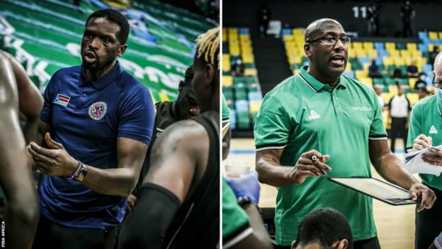 South Sudan coach Luol Deng (left) Nigeria coach Mike Brown (right)