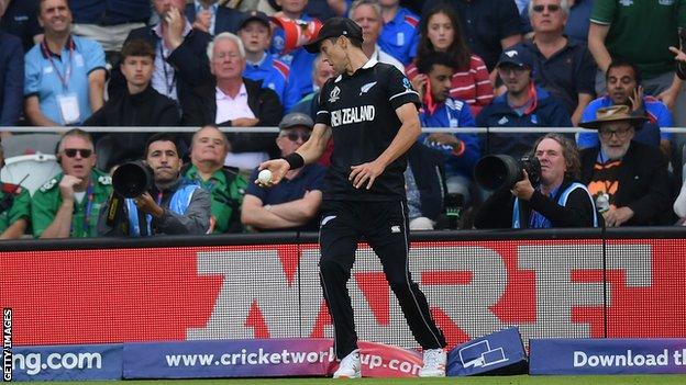 New Zealand's Trent Boult steps on the rope while catching Ben Stokes during the Cricket World Cup final