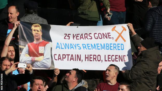 West Ham fans at Anfield displayed a banner which read 'Captain, Hero, Legend' 25 years after club legend Bobby Moore passed away