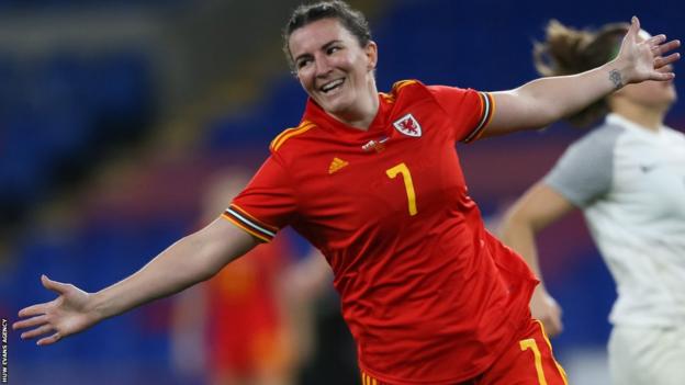 Helen Ward celebrates scoring against Estonia in October 2021, her record 44th goal for Wales