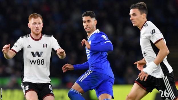 Ayoze Perez of Leicester City with Harrison Reed of Fulham and João Palhinha of Fulham during the Premier League match between Leicester City and Fulham FC at King Power Stadium