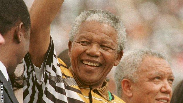 Mandela addressing fans at the 1996 Afcon's opening ceremony