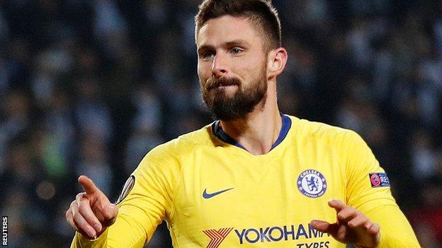 Olivier Giroud celebrates scoring for Chelsea against Malmo in the Europa League
