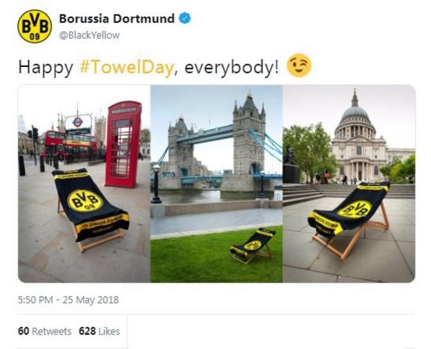 Borussia Dortmund celebrate Towel Day by posting pictures of a Dortmund towel at several iconic London landmarks