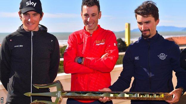 Geraint Thomas with Vincenzo Nibali and Julian Alaphilippe at the Tirenno-Adriatico