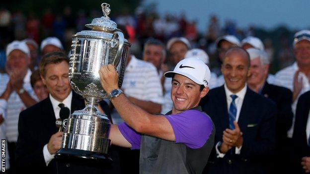 Rory McIlroy with the Wanamaker Trophy after his last major title in 2014