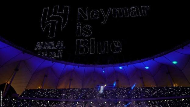 A drone display spelled out "Neymar is blue" at the Brazil forward's official unveiling as an Al-Hilal player