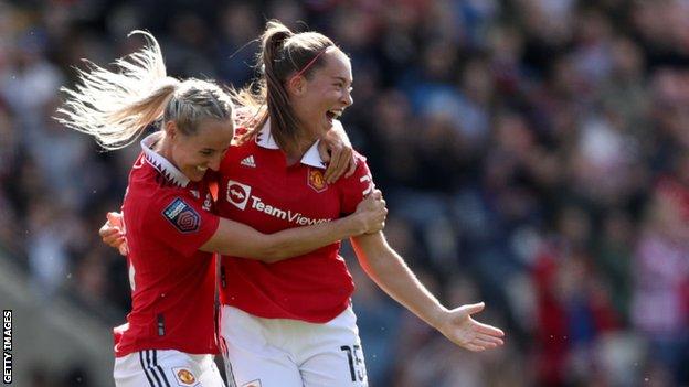 Maya Le Tissier celebrates scoring on her Man Utd debut