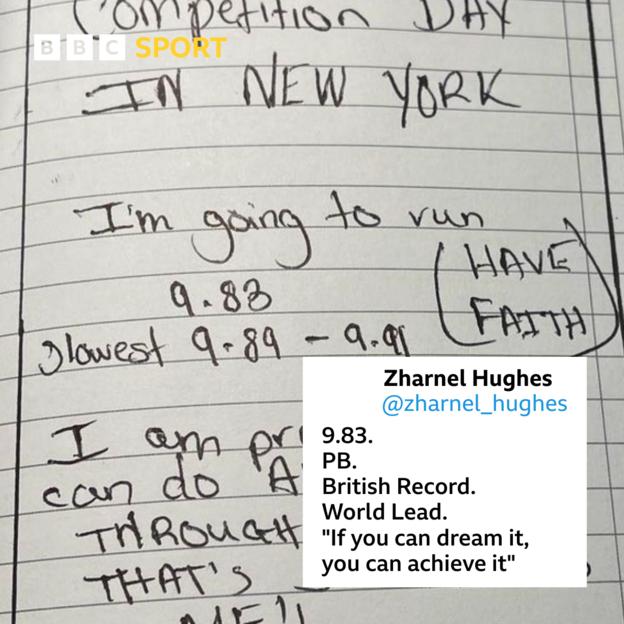 Zharnel Hughes posted a photo of his prediction on Instagram, along with the words: 'If you can dream it, then you can achieve it'
