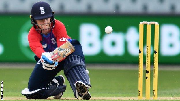 England fly-half Tammy Beaumont bats in a T20 against Australia